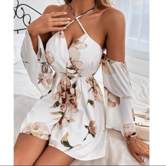 Pants - Boho floral print crisscross open back romper